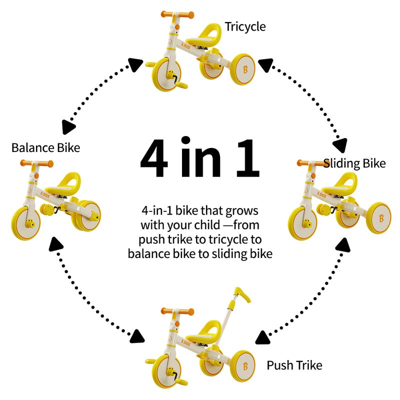 B.Duck - 4-in-1 Kids Bike: Balance, Sliding, Push & Tricycle Modes, Adjustable Seat & Handlebar, Indoor/Outdoor, Yellow, 3-6 Y - Image 3